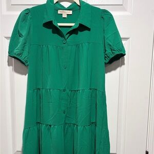 Monteau Vibrant Green Button-Up Midi Short Sleeve Dress